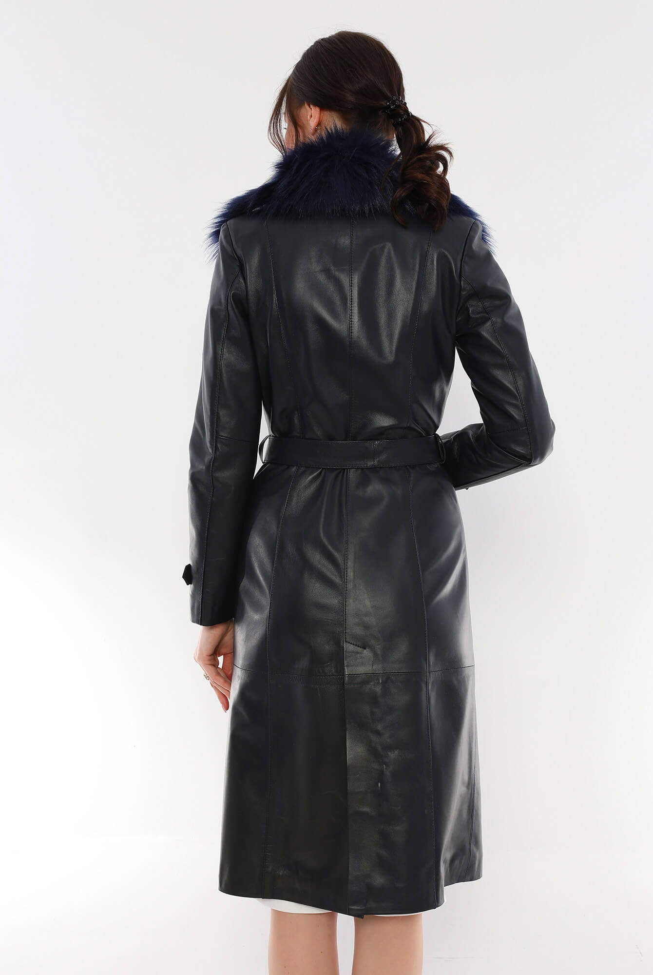 Brenda Leather Trench Coat Navy Fur Collar