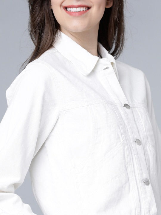 Women White Solid Crop Denim Jacket – Trendy Stylish Short Denim Layer for Everyday Wear in Pakistan | HARCHIZ