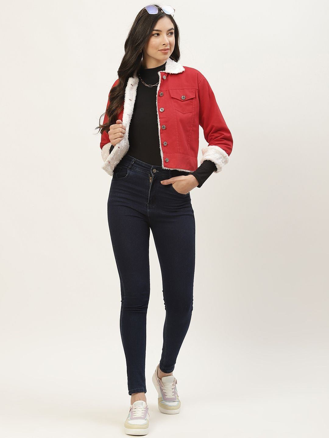 Women Red Solid Pure Cotton Denim Jacket – Stylish, Breathable Outerwear for Pakistan | HARCHIZ