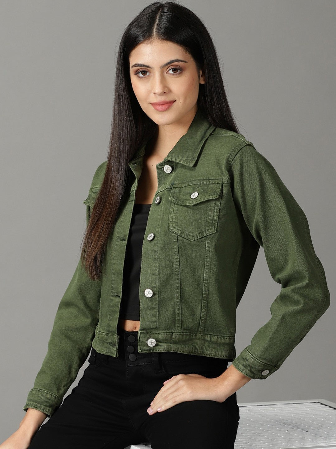 Harchiz Women Washed Crop Olive Green Denim Jacket – Trendy & Stylish Outerwear