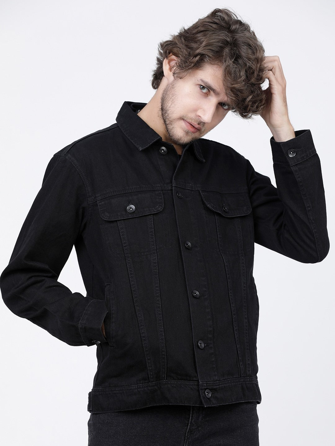 Men’s Black Solid Denim Jacket – Timeless Street Style by HARCHIZ Pakistan