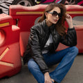 Quilted Bomber Women Black Leather Jacket