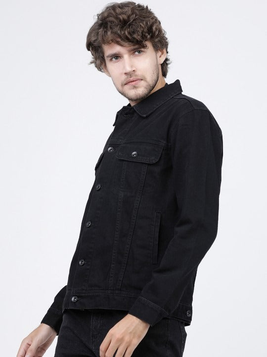 Men’s Black Solid Denim Jacket – Timeless Street Style by HARCHIZ Pakistan