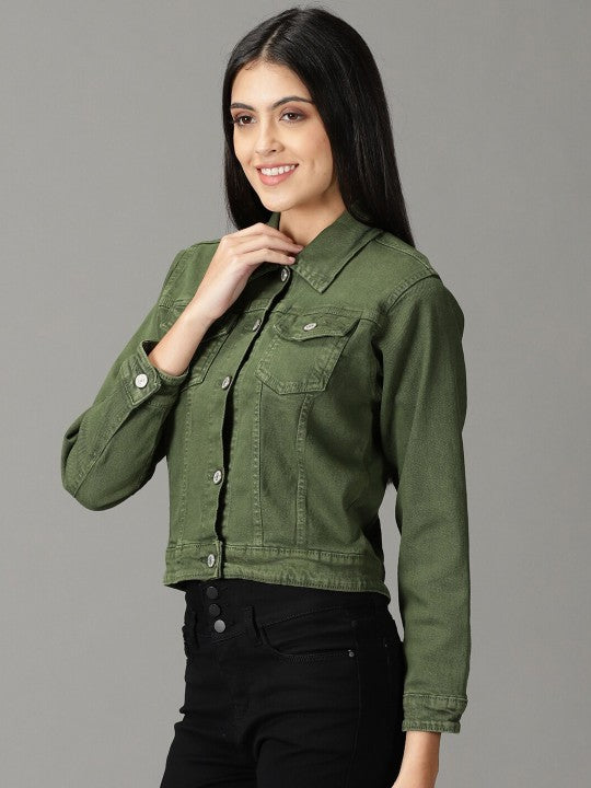 Harchiz Women Washed Crop Olive Green Denim Jacket – Trendy & Stylish Outerwear