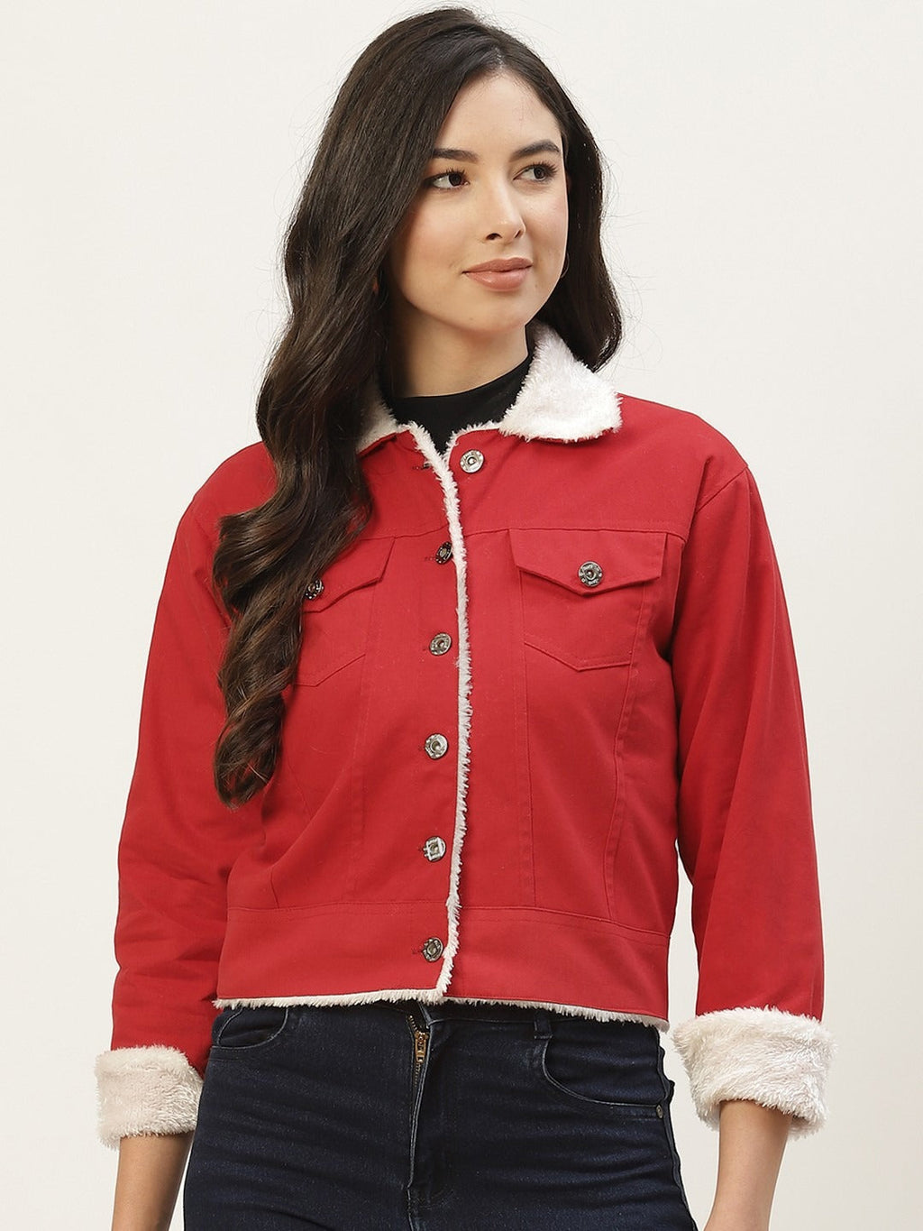 Women Red Solid Pure Cotton Denim Jacket – Stylish, Breathable Outerwear for Pakistan | HARCHIZ