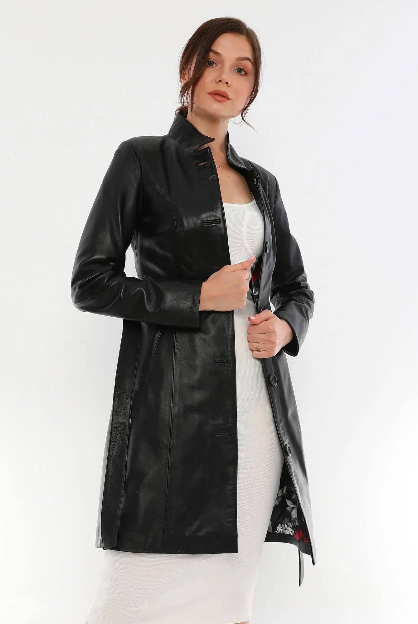 Alexa Black Leather Trench Coat For Women