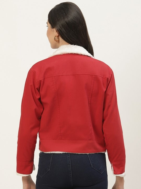 Women Red Solid Pure Cotton Denim Jacket – Stylish, Breathable Outerwear for Pakistan | HARCHIZ