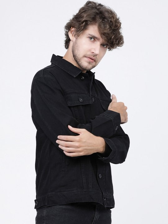 Men’s Black Solid Denim Jacket – Timeless Street Style by HARCHIZ Pakistan
