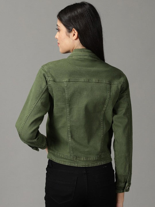 Harchiz Women Washed Crop Olive Green Denim Jacket – Trendy & Stylish Outerwear