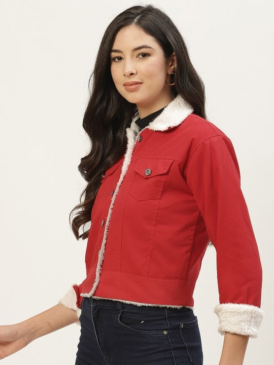Women Red Solid Pure Cotton Denim Jacket – Stylish, Breathable Outerwear for Pakistan | HARCHIZ