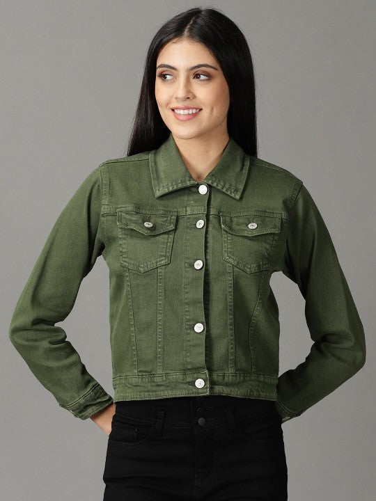 Harchiz Women Washed Crop Olive Green Denim Jacket – Trendy & Stylish Outerwear