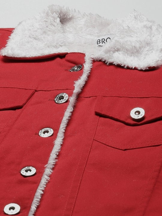 Women Red Solid Pure Cotton Denim Jacket – Stylish, Breathable Outerwear for Pakistan | HARCHIZ
