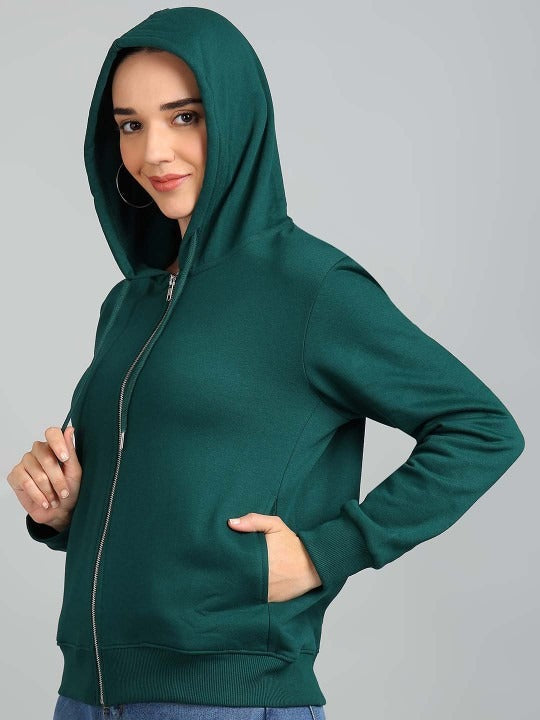 Women Solid Hooded Front-Open Cotton Olive Green Zipper Hoodie – Casual & Stylish Outerwear for Pakistan | HARCHIZ