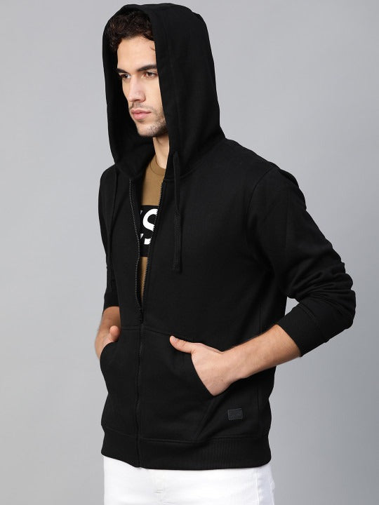 Men Black Solid Hooded Sweatshirt – Cotton Fleece Pullover Hoodie for Men in Pakistan | HARCHIZ
