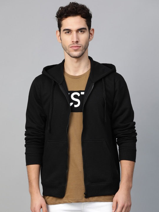 Men Black Solid Hooded Sweatshirt – Cotton Fleece Pullover Hoodie for Men in Pakistan | HARCHIZ