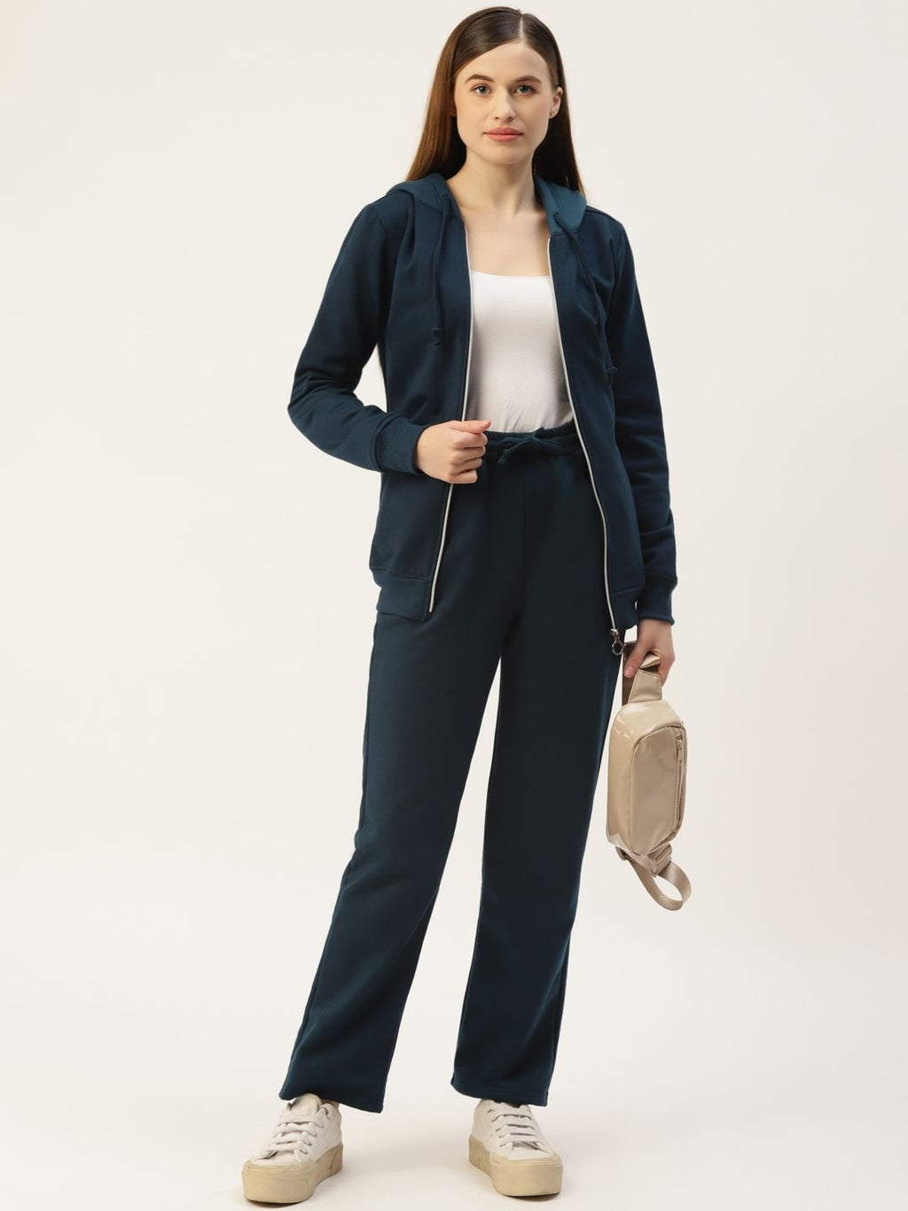 Women Long Sleeves Hooded Navy Blue Zipper Jacket – Stylish Casual Outerwear for Pakistan | HARCHIZ