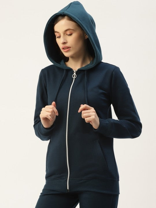 Women Long Sleeves Hooded Navy Blue Zipper Jacket – Stylish Casual Outerwear for Pakistan | HARCHIZ