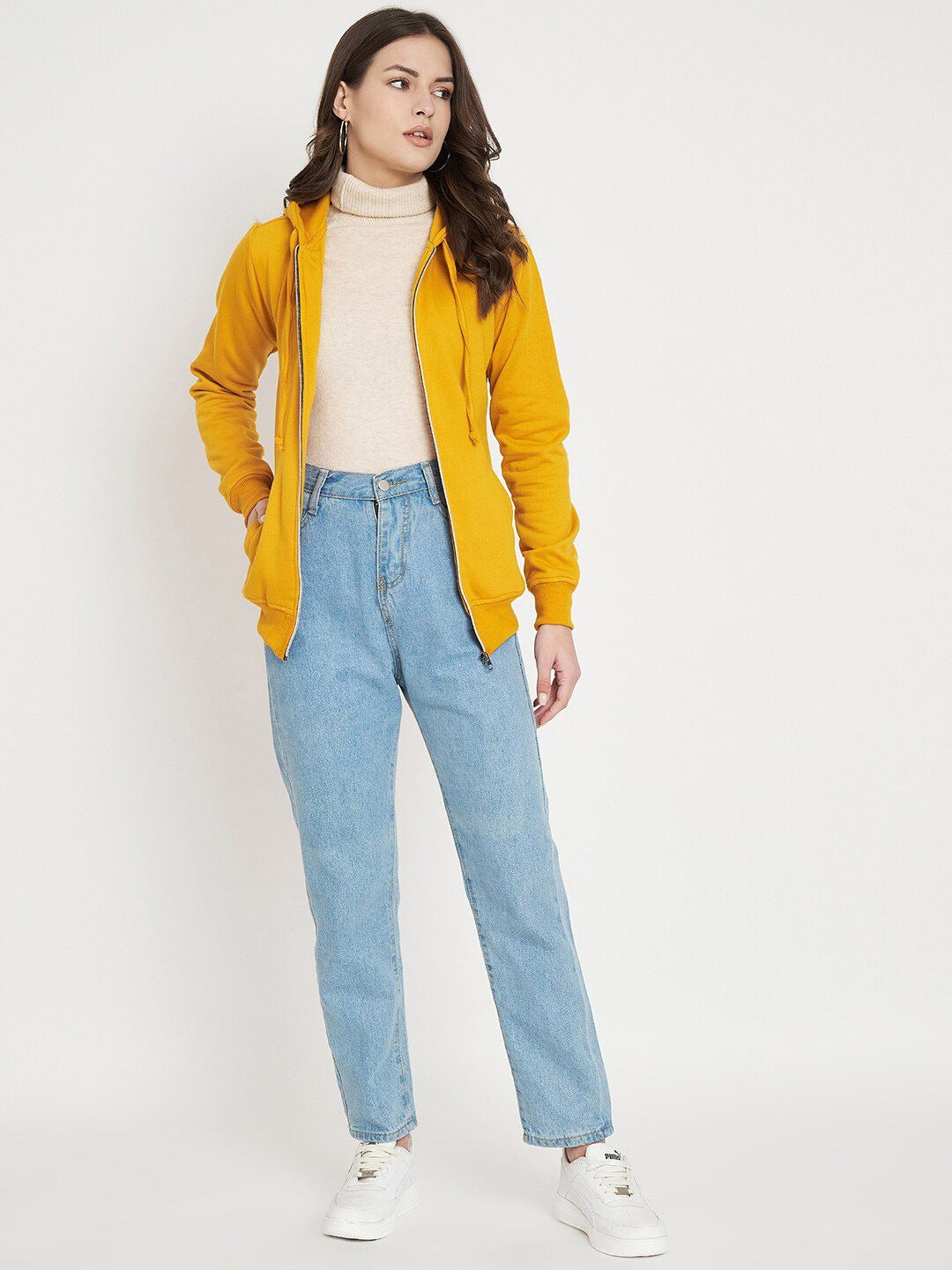 Hooded Fleece Front-Open Yellow Zipper for Women – Cozy Winter Hoodie in Pakistan | HARCHIZ