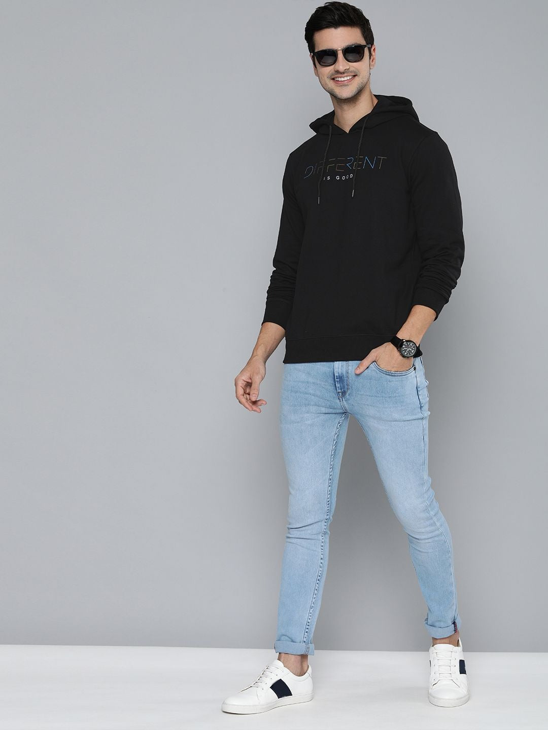 Men Black Typography Printed Hooded Pullover Sweatshirt – Stylish Cotton Hoodie for Men in Pakistan | HARCHIZ