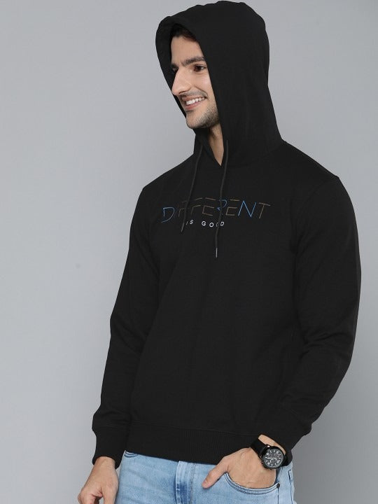 Men Black Typography Printed Hooded Pullover Sweatshirt – Stylish Cotton Hoodie for Men in Pakistan | HARCHIZ