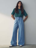Women Mid Blue Palazzo Wide Leg 100% Cotton Jeans – Trendy Palazzo Denim for Pakistani Women | HARCHIZ