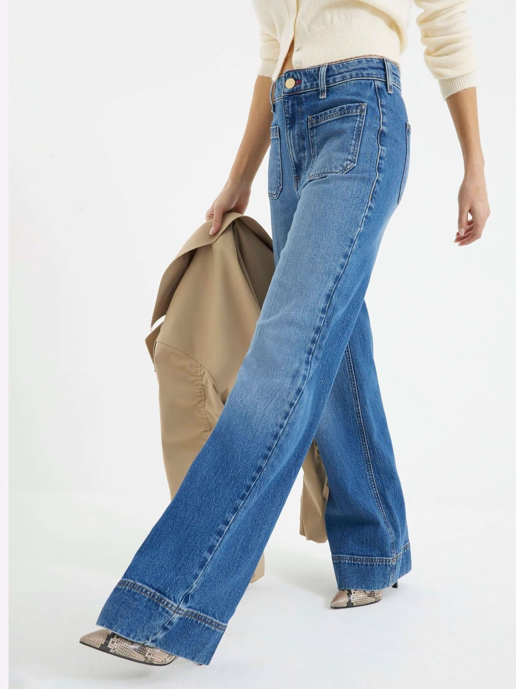 Women Rinse Blue Jersey Denim Wide Leg Trousers – Comfortable & Stylish Pants for Pakistan | HARCHIZ