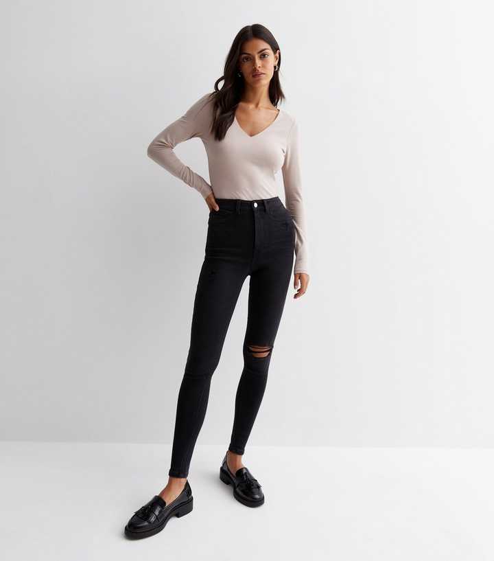 Black High Waist Ripped Knee Skinny Jeans - HARCHIZ - Jeans - 