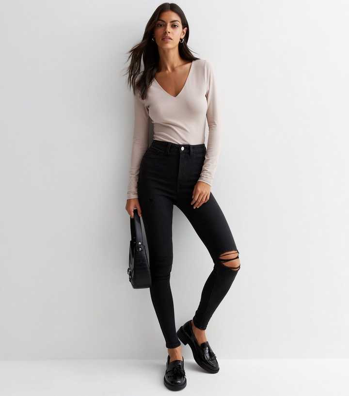 Black High Waist Ripped Knee Skinny Jeans - HARCHIZ - Jeans - 