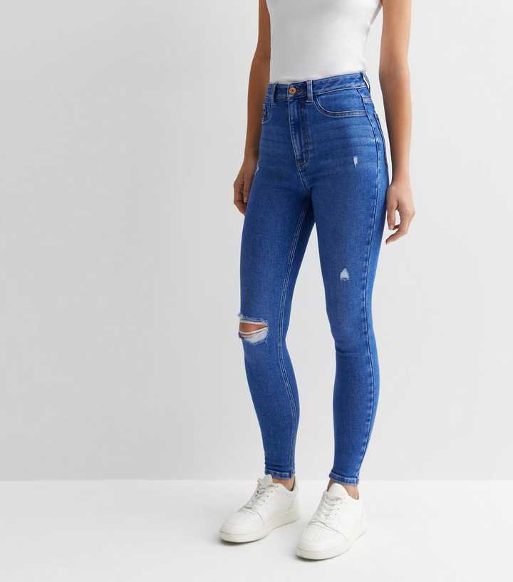 Bright Blue High Waist Ripped Knee Super Skinny Jeans - HARCHIZ - Jeans - 